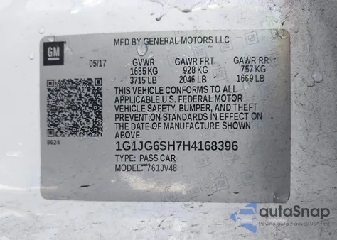 2017 Chevrolet Sonic Lt Auto z USA, uszkodzony, nr VIN 1G1JG6SH7H4168396